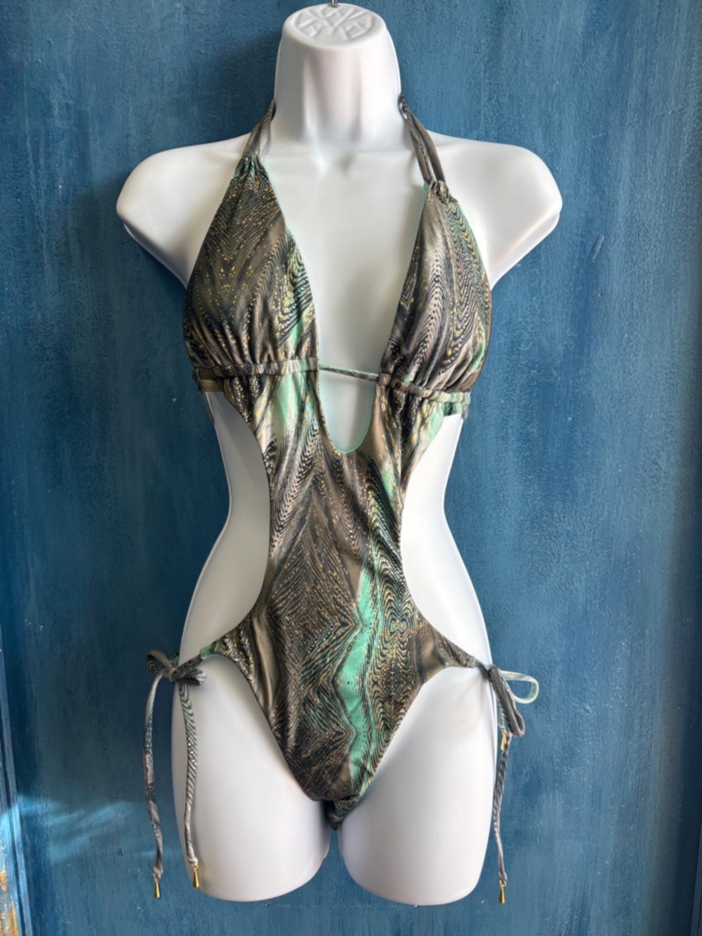 Women’s Tie-Side Cutout Monokini Swimsuit in Green and Brown